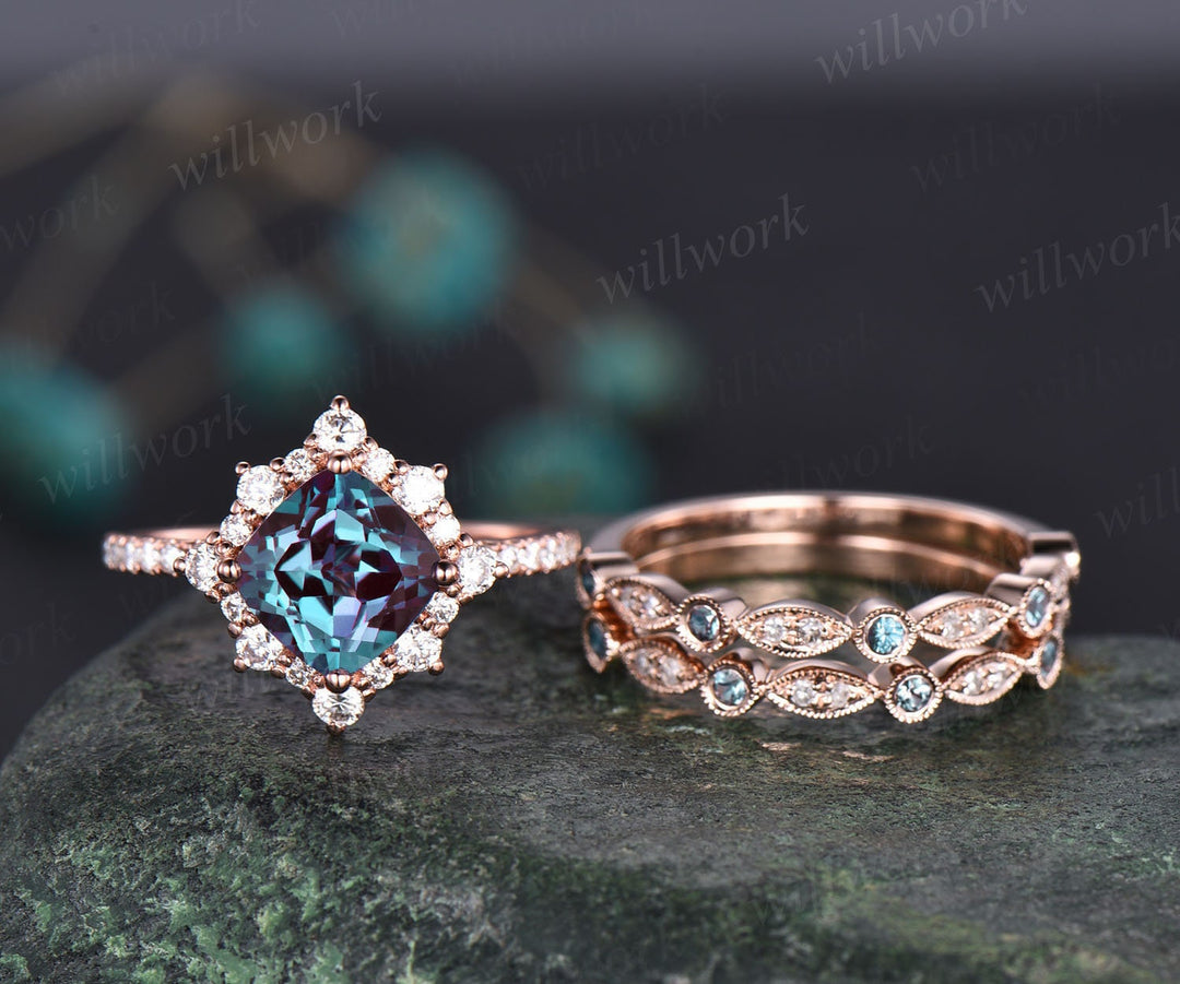 Unique engagement ring set cushion cut Alexandrite engagement ring set diamond ring set cluster halo ring women jewelry June birthstone ring