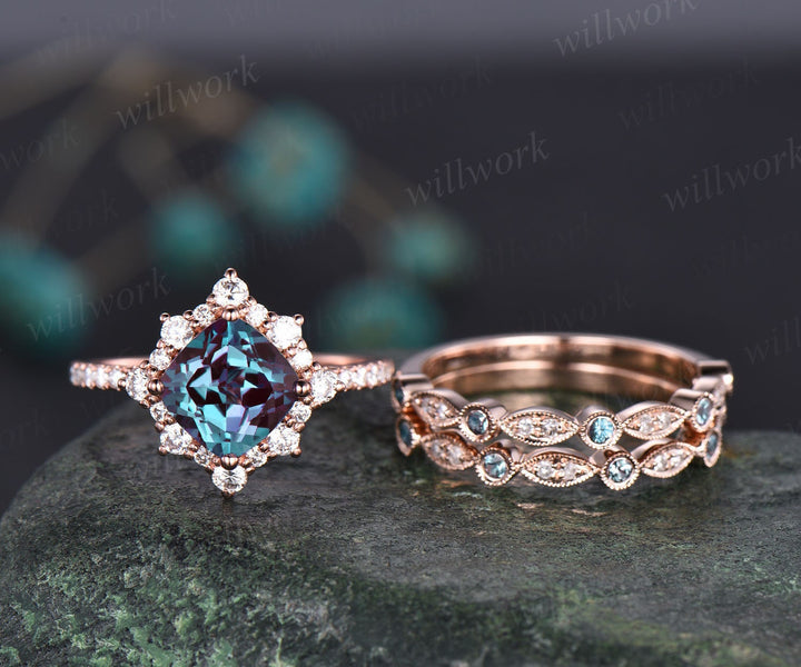 Unique engagement ring set cushion cut Alexandrite engagement ring set diamond ring set cluster halo ring women jewelry June birthstone ring