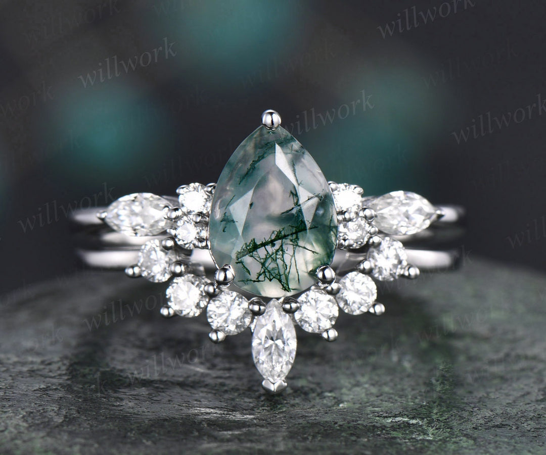 Vintage moss agate engagement ring set white gold art deco ring moissanite ring set green moss ring set custom jewelry bridal wedding set