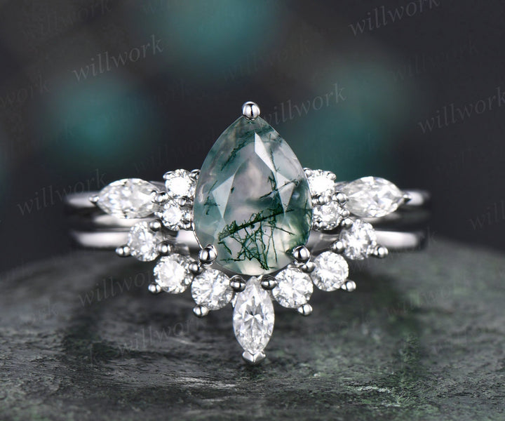 Vintage moss agate engagement ring set white gold art deco ring moissanite ring set green moss ring set custom jewelry bridal wedding set