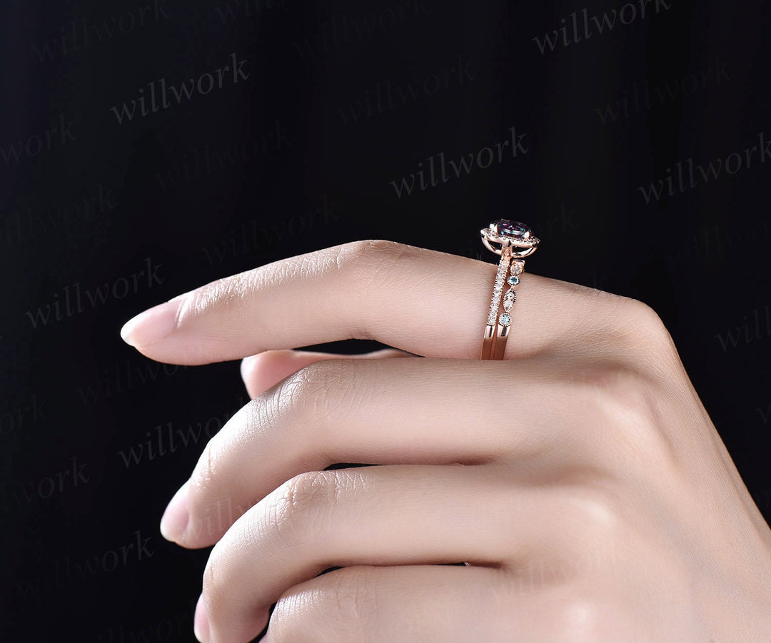 Round cut Alexandrite engagement ring set diamond halo ring Alexandrite wedding band rose gold ring women bridal set color change stone ring