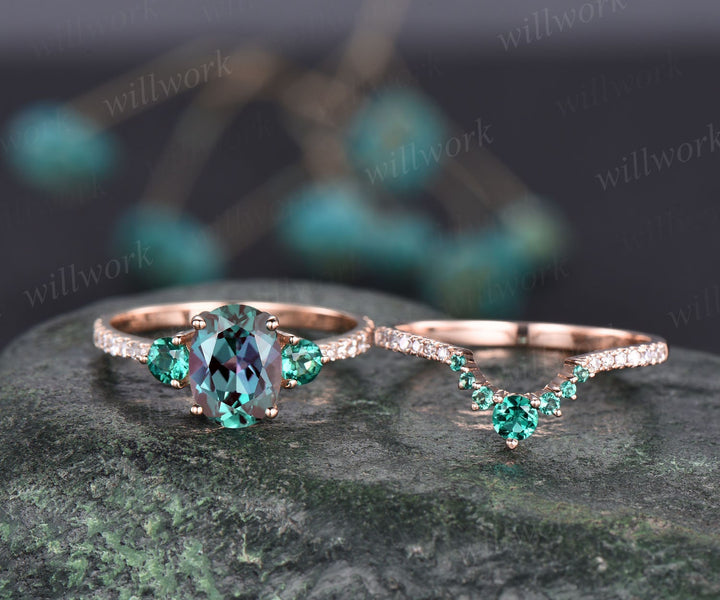Oval alexandrite bridal set vintage alexandrite engagement ring set emerald ring set dainty diamond ring set birthday stone ring jewelry