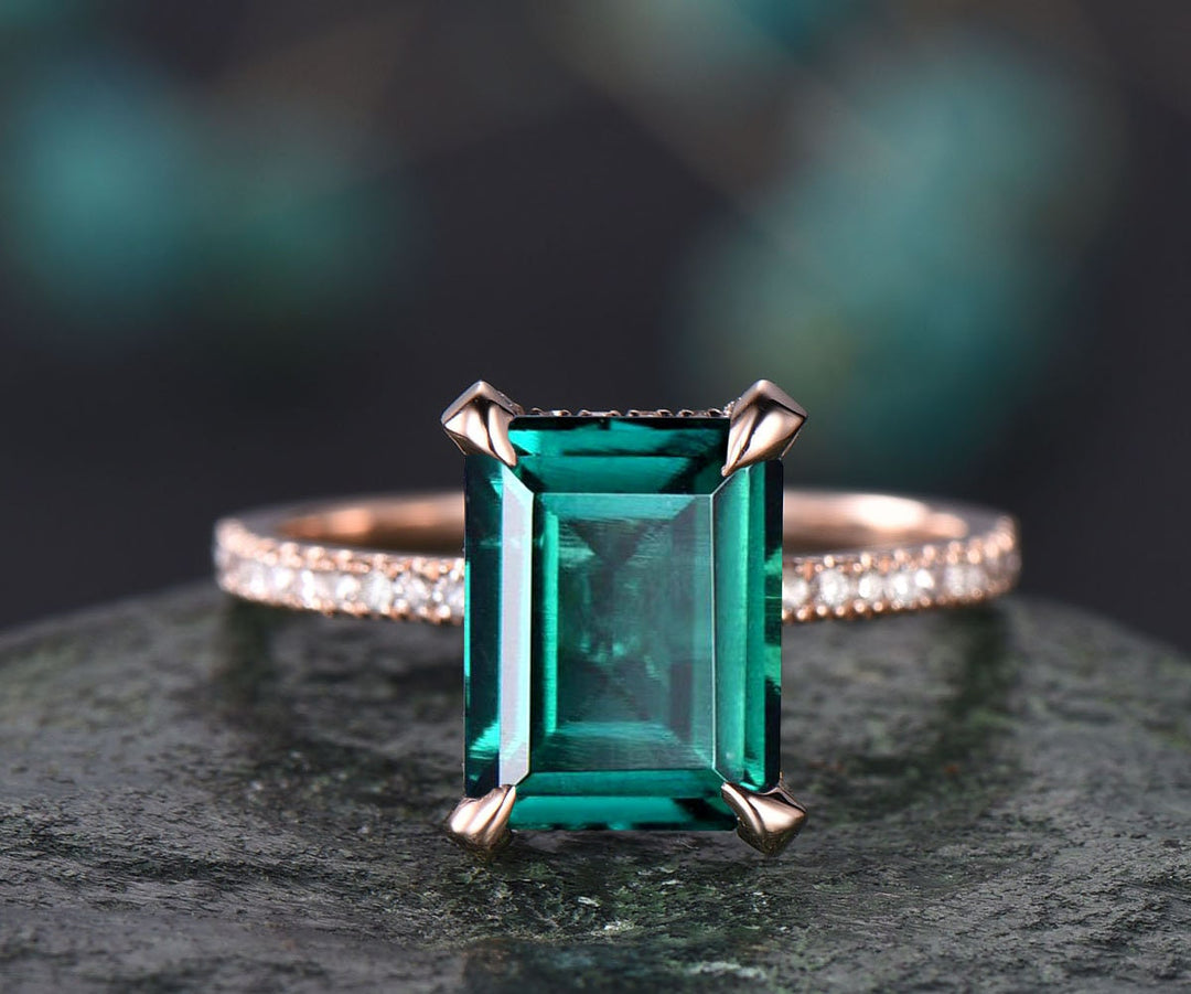 Emerald cut engagement ring vintage emerald engagement ring rose gold under halo basket diamond ring unique dainty jewelry bridal ring gift
