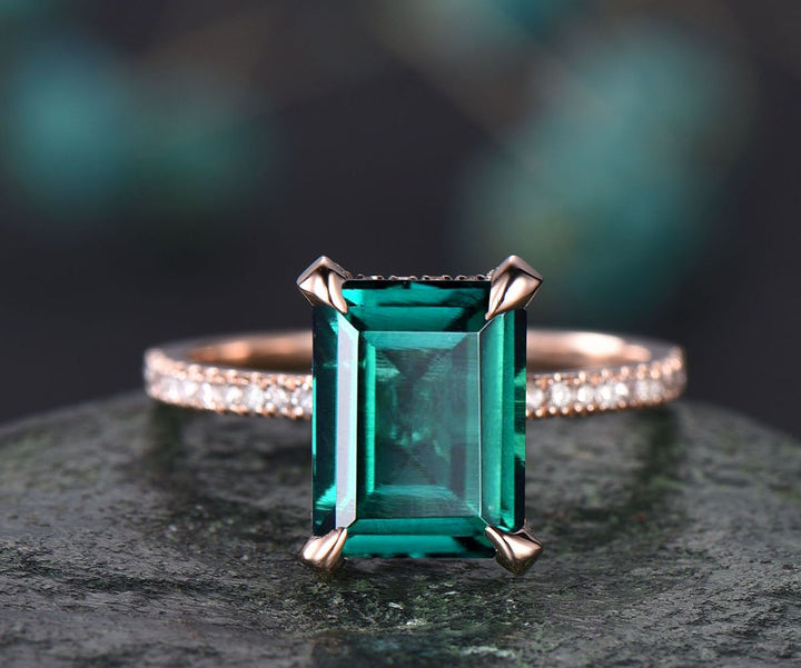 Emerald cut engagement ring vintage emerald engagement ring rose gold under halo basket diamond ring unique dainty jewelry bridal ring gift