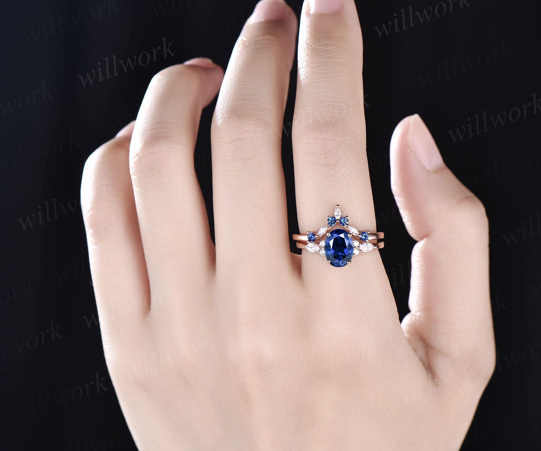 Oval cut sapphire engagement ring set vintage rose gold ring natural sapphire wedding ring band art deco moissanite ring set jewelry gift