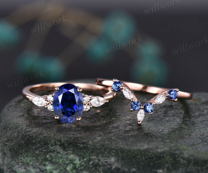 Oval cut sapphire engagement ring set vintage rose gold ring natural sapphire wedding ring band art deco moissanite ring set jewelry gift