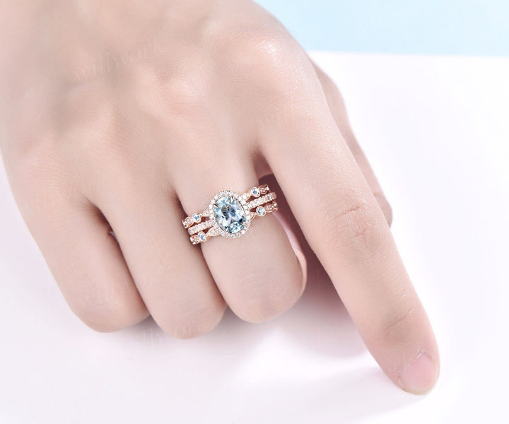 Oval cut aquamarine engagement ring set art deco diamond ring set rose gold halo marquise ring vintage topaz ring set March birthstone ring
