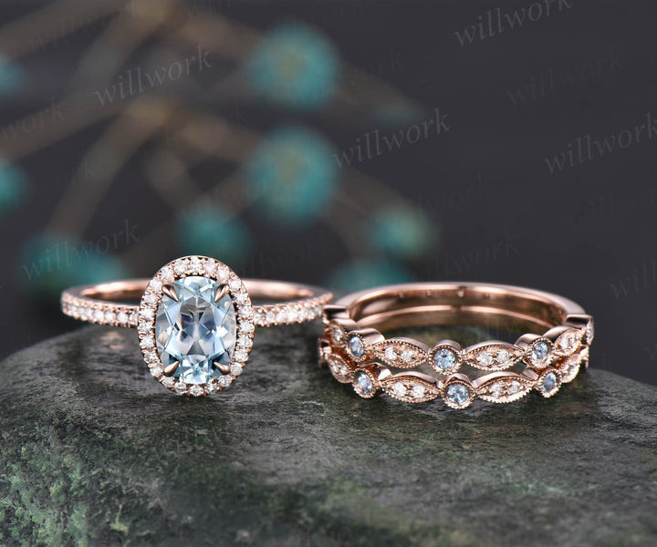 Oval cut aquamarine engagement ring set art deco diamond ring set rose gold halo marquise ring vintage topaz ring set March birthstone ring