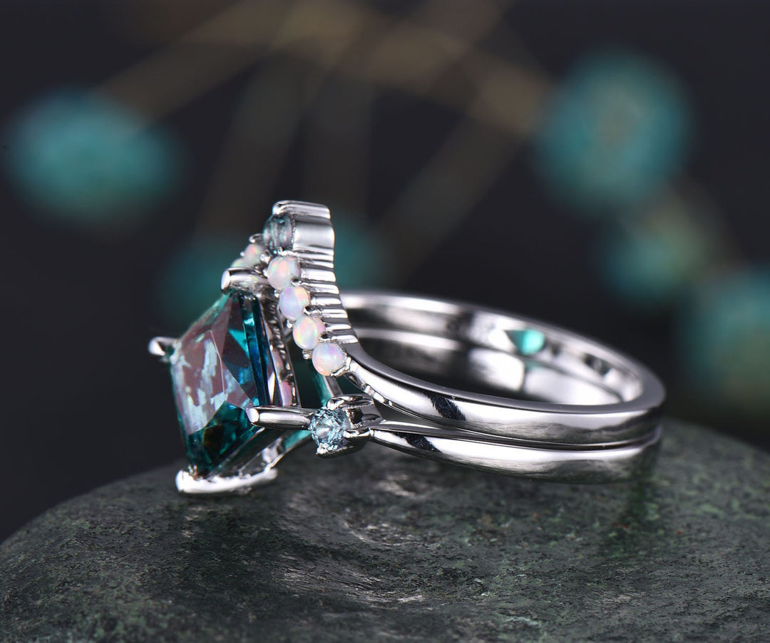 Princess cut Alexandrite engagement ring set vintage opal ring set white gold ring set color change stone ring women dainty jewelry gift