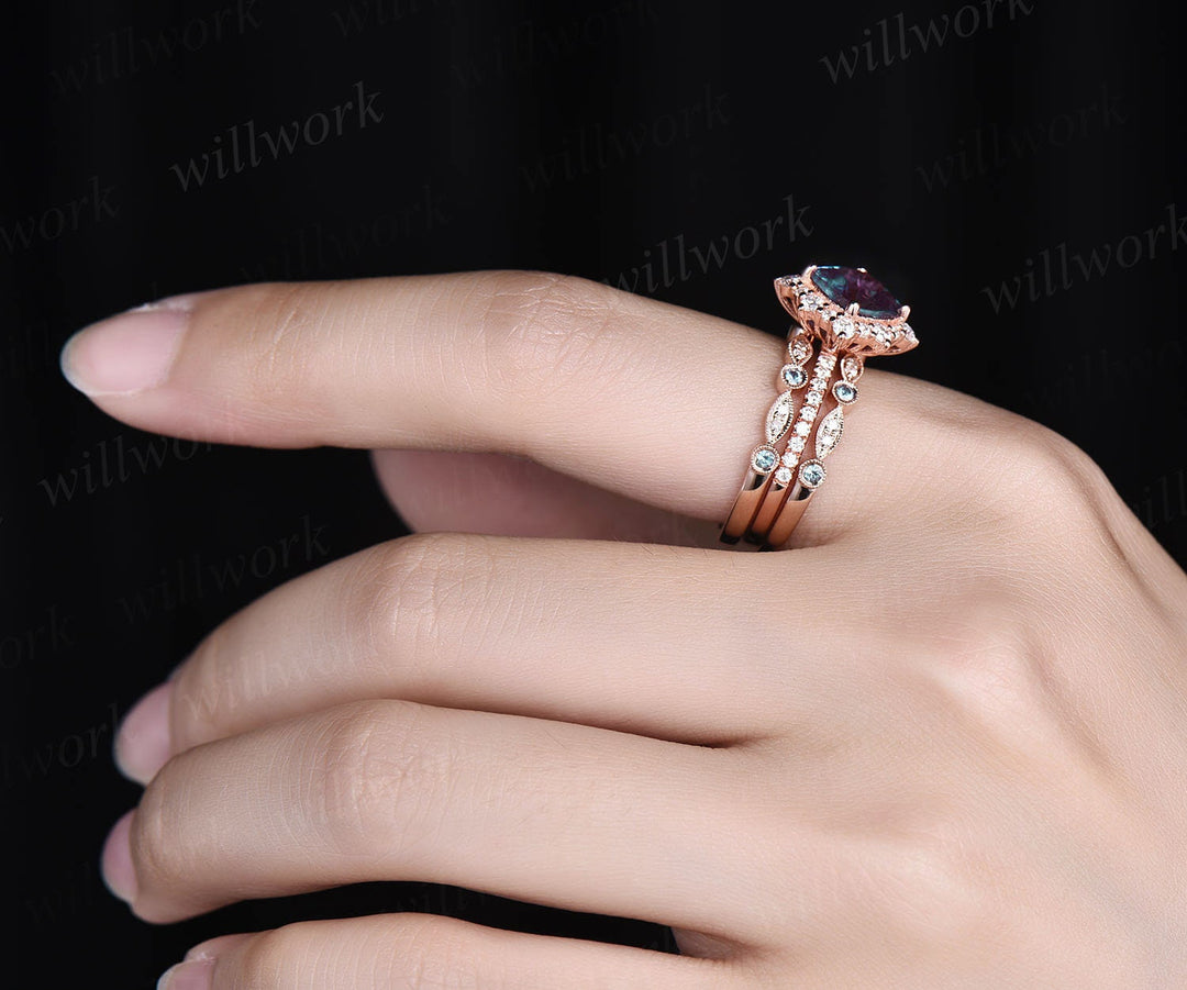 Unique engagement ring set cushion cut Alexandrite engagement ring set diamond ring set cluster halo ring women jewelry June birthstone ring