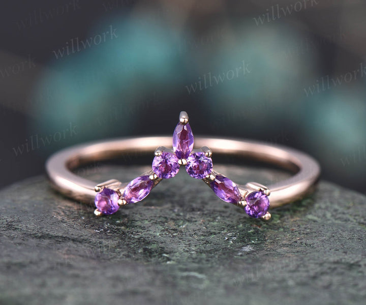 Curved V shaped wedding band marquise amethyst wedding ring unique amethyst wedding band solid 14k rose gold ring anniversary ring gift