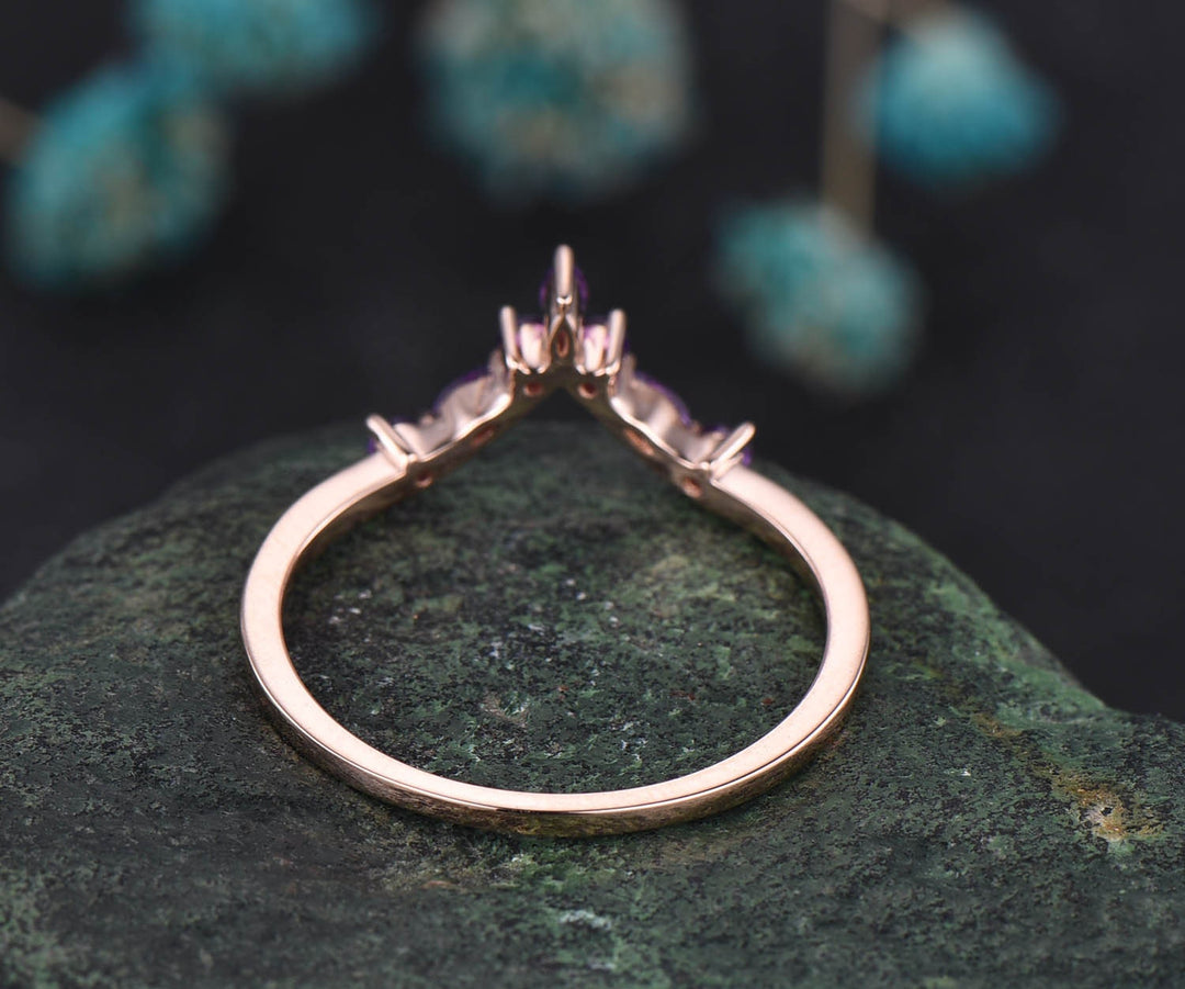 Curved V shaped wedding band marquise amethyst wedding ring unique amethyst wedding band solid 14k rose gold ring anniversary ring gift