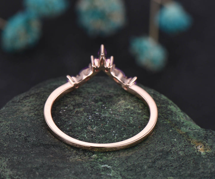 Curved V shaped wedding band marquise amethyst wedding ring unique amethyst wedding band solid 14k rose gold ring anniversary ring gift