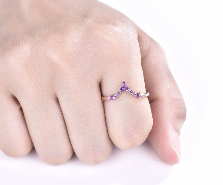 Curved V shaped wedding band marquise amethyst wedding ring unique amethyst wedding band solid 14k rose gold ring anniversary ring gift