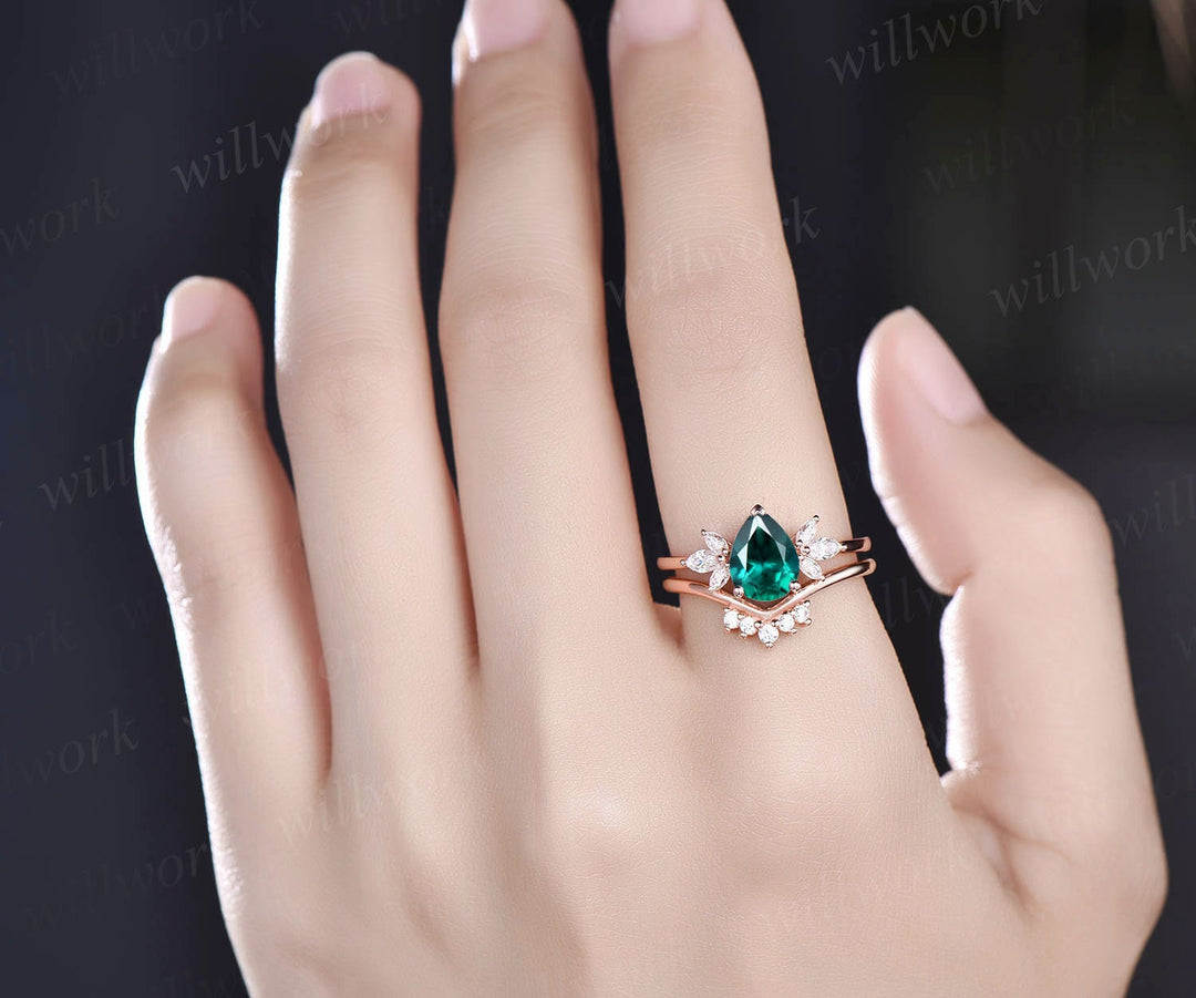 Pear emerald engagement ring set vintage art deco unique engagement ring set rose gold ring women marquise flower bridal anniversary ring