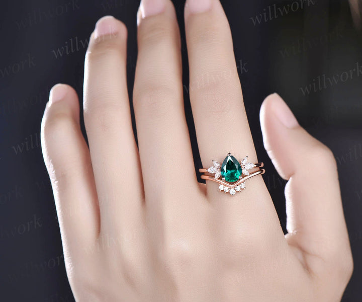 Pear emerald engagement ring set vintage art deco unique engagement ring set rose gold ring women marquise flower bridal anniversary ring