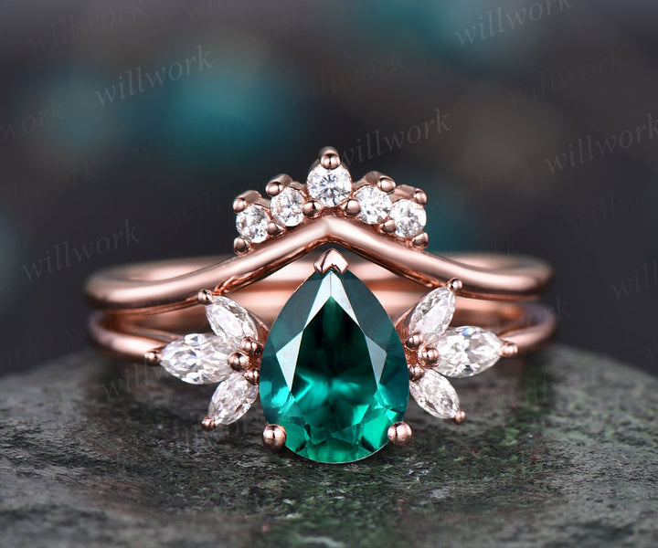 Pear emerald engagement ring set vintage art deco unique engagement ring set rose gold ring women marquise flower bridal anniversary ring
