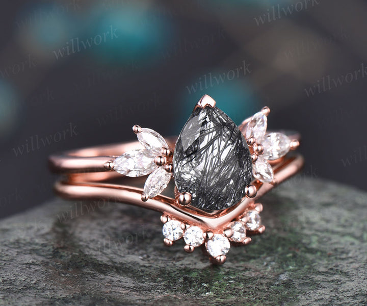 Vintage black rutilated quartz engagement ring set unique pear shaped ring cluster moissanite ring set marquise ring set rose gold ring gift