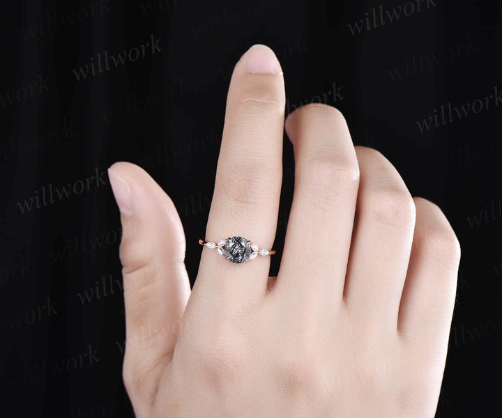 Vintage style black rutilated quartz engagement ring rose gold art deco cluster ring round cut bridal ring moissanite ring band women gift