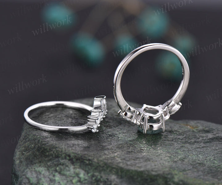 Vintage moss agate engagement ring set white gold art deco ring moissanite ring set green moss ring set custom jewelry bridal wedding set