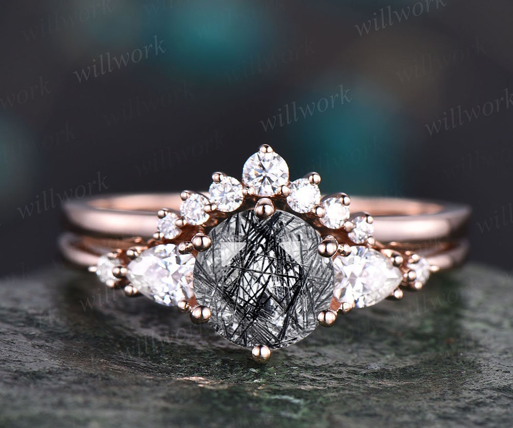 Unique wedding ring set Vintage black rutilated quartz engagement ring set rose gold moissanite ring set round cut bridal ring women gift