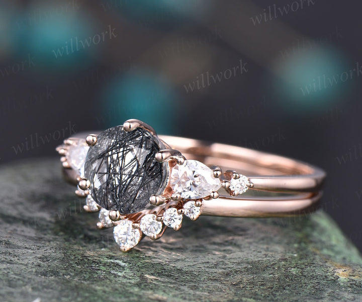 Unique wedding ring set Vintage black rutilated quartz engagement ring set rose gold moissanite ring set round cut bridal ring women gift