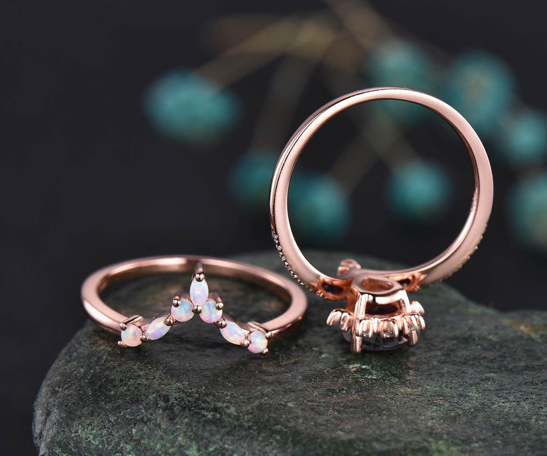Pear cut black rutilated quartz engagement ring set rose gold vintage opal ring set cluster marquise ring set unique moissanite ring set