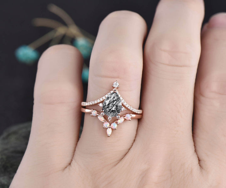 Pear cut black rutilated quartz engagement ring set rose gold vintage opal ring set cluster marquise ring set unique moissanite ring set