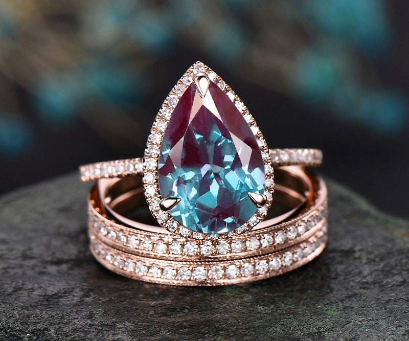 Pear Alexandrite engagement ring 14k rose gold pear cut top ring art deco ring for women Vintage wedding ring girls for ring Engagement Rings