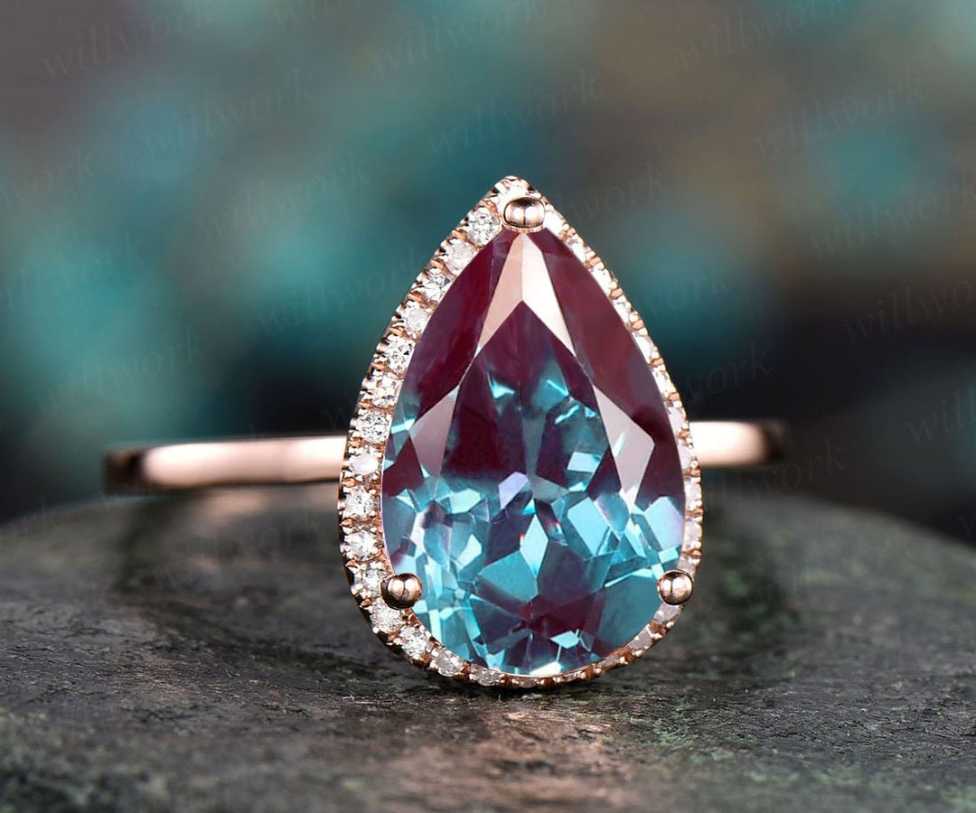 8x12mm pear shaped Alexandrite engagement ring for women diamond halo ring rose gold bridal ring custom jewelry colr change stone ring gift