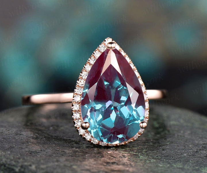 8x12mm pear shaped Alexandrite engagement ring for women diamond halo ring rose gold bridal ring custom jewelry colr change stone ring gift