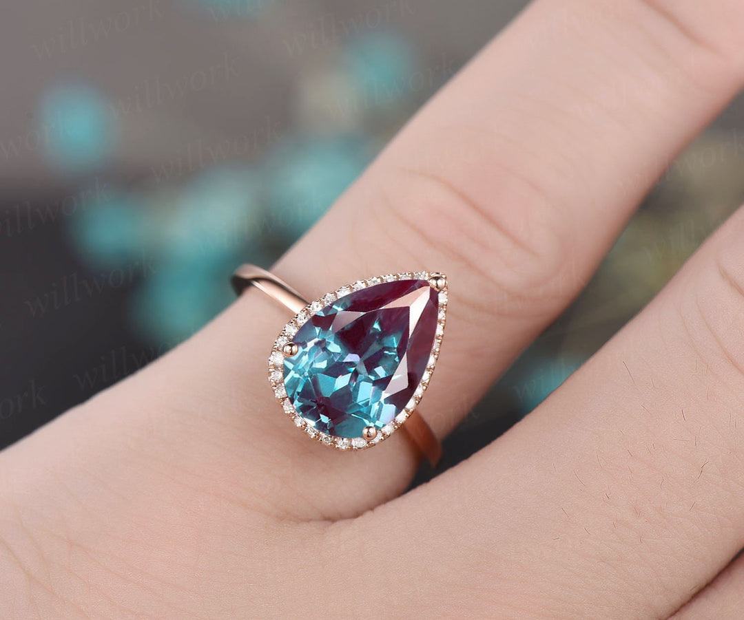 8x12mm pear shaped Alexandrite engagement ring for women diamond halo ring rose gold bridal ring custom jewelry colr change stone ring gift