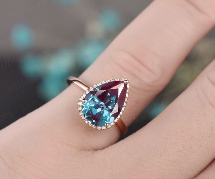 8x12mm pear shaped Alexandrite engagement ring for women diamond halo ring rose gold bridal ring custom jewelry colr change stone ring gift