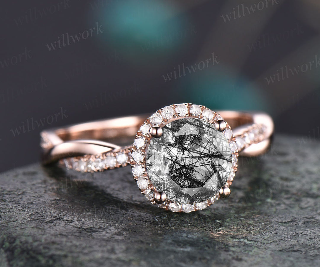 infinity halo diamond engagement ring vintage black rutilated quartz engagement ring Twisted solid rose gold ring eternity wedding ring gift