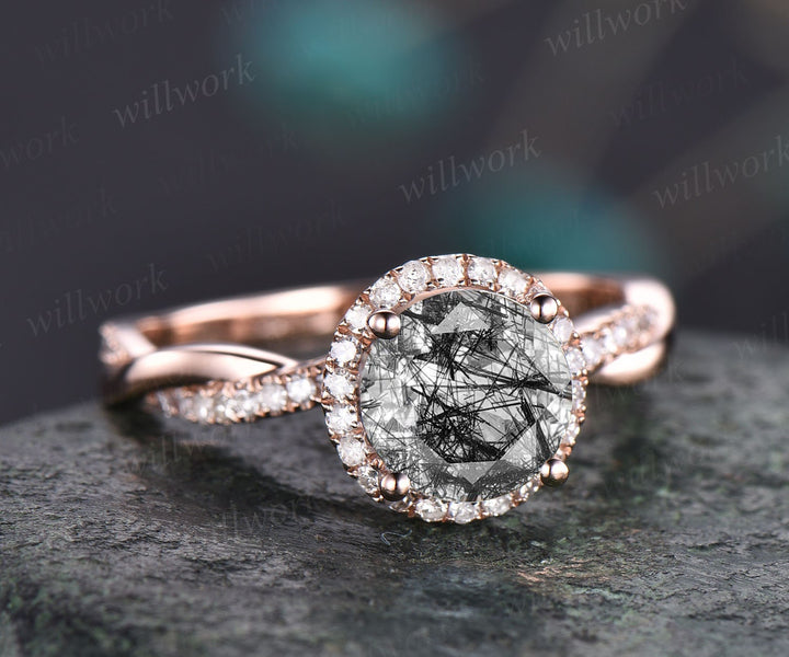 infinity halo diamond engagement ring vintage black rutilated quartz engagement ring Twisted solid rose gold ring eternity wedding ring gift