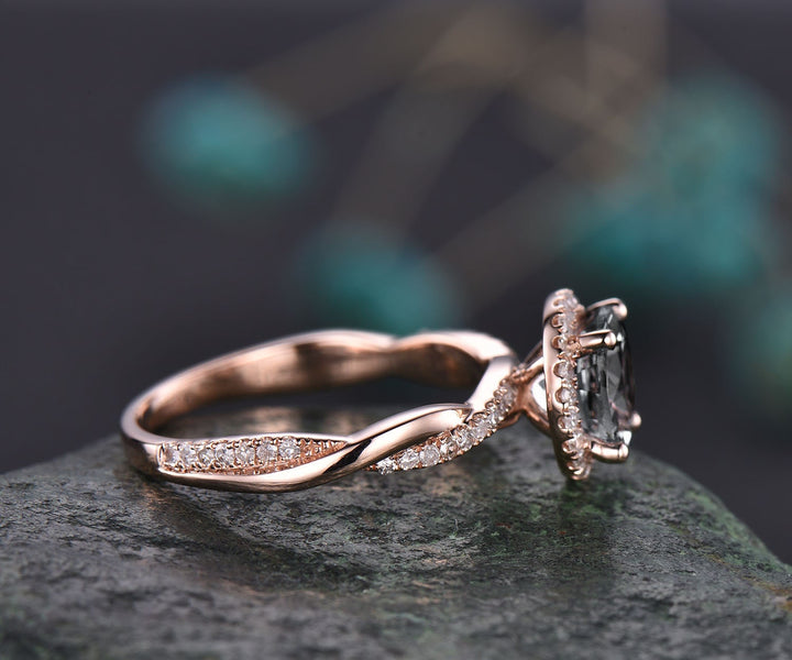 infinity halo diamond engagement ring vintage black rutilated quartz engagement ring Twisted solid rose gold ring eternity wedding ring gift
