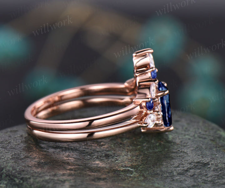Oval cut sapphire engagement ring set vintage rose gold ring natural sapphire wedding ring band art deco moissanite ring set jewelry gift