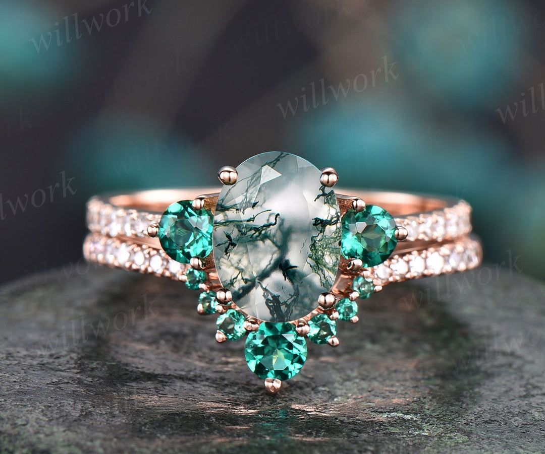 Oval moss agate ring set vintage moss agate engagement ring set eternity diamond ring unique emerald ring set rose gold ring women jewelry
