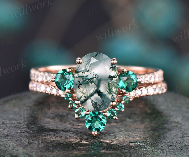 Oval moss agate ring set vintage moss agate engagement ring set eternity diamond ring unique emerald ring set rose gold ring women jewelry
