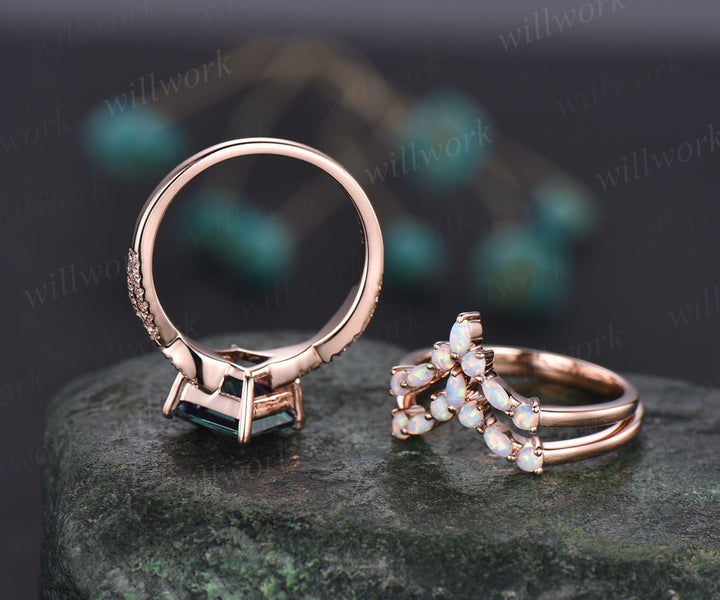 Princess cut emerald engagement ring set vintage opal ring set marquise ring set infinity moissanite ring set rose gold ring women jewelry