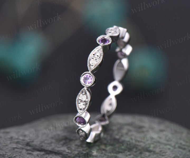 Full eternity amethyst wedding ring art deco diamond wedding band marquise ring 14k white gold ring custom jewelry milgrain wedding band