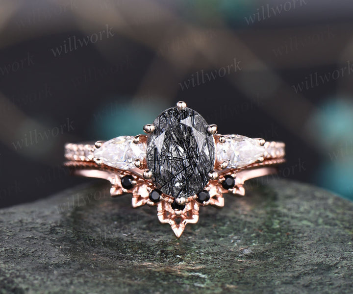 Vintage black rutilated quartz engagement ring set rose gold bridal ring set black diamond ring set unique moissanite ring set for women