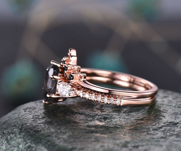 Vintage black rutilated quartz engagement ring set rose gold bridal ring set black diamond ring set unique moissanite ring set for women