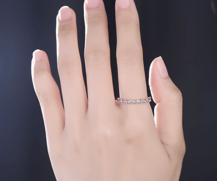 Alexandrite wedding band Vintage diamond ring for women rose gold half eternity diamond wedding ring band unique bridal anniversary ring