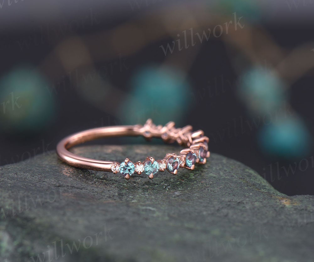 Alexandrite wedding band Vintage diamond ring for women rose gold half eternity diamond wedding ring band unique bridal anniversary ring