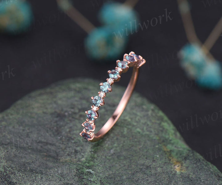 Alexandrite wedding band Vintage diamond ring for women rose gold half eternity diamond wedding ring band unique bridal anniversary ring