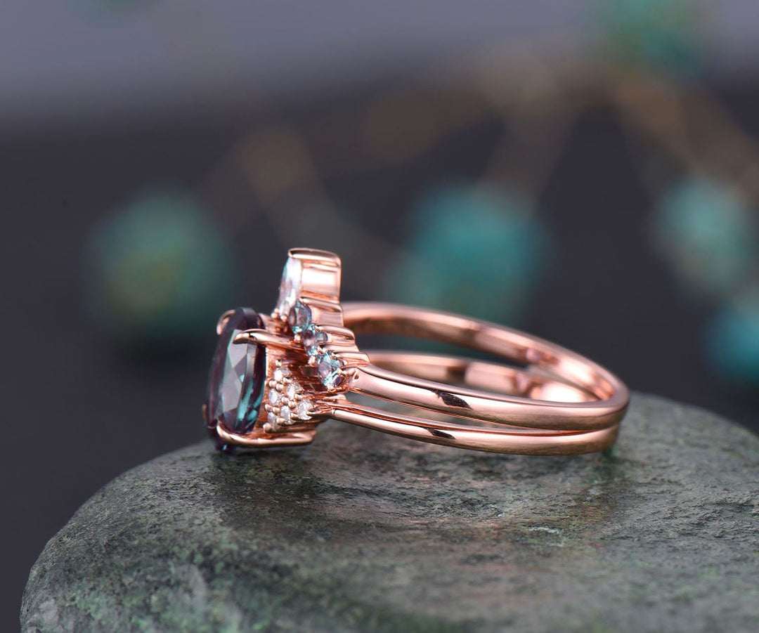 Oval Alexandrite engagement ring set vintage rose gold moissanite bridal ring set custom art deco ring unique gift crown ring women jewelry