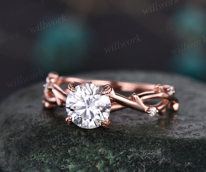 1ct twig round cut moissanite engagement ring 14k rose gold five stone leaf branches diamond ring women unique anniversary ring gift for her