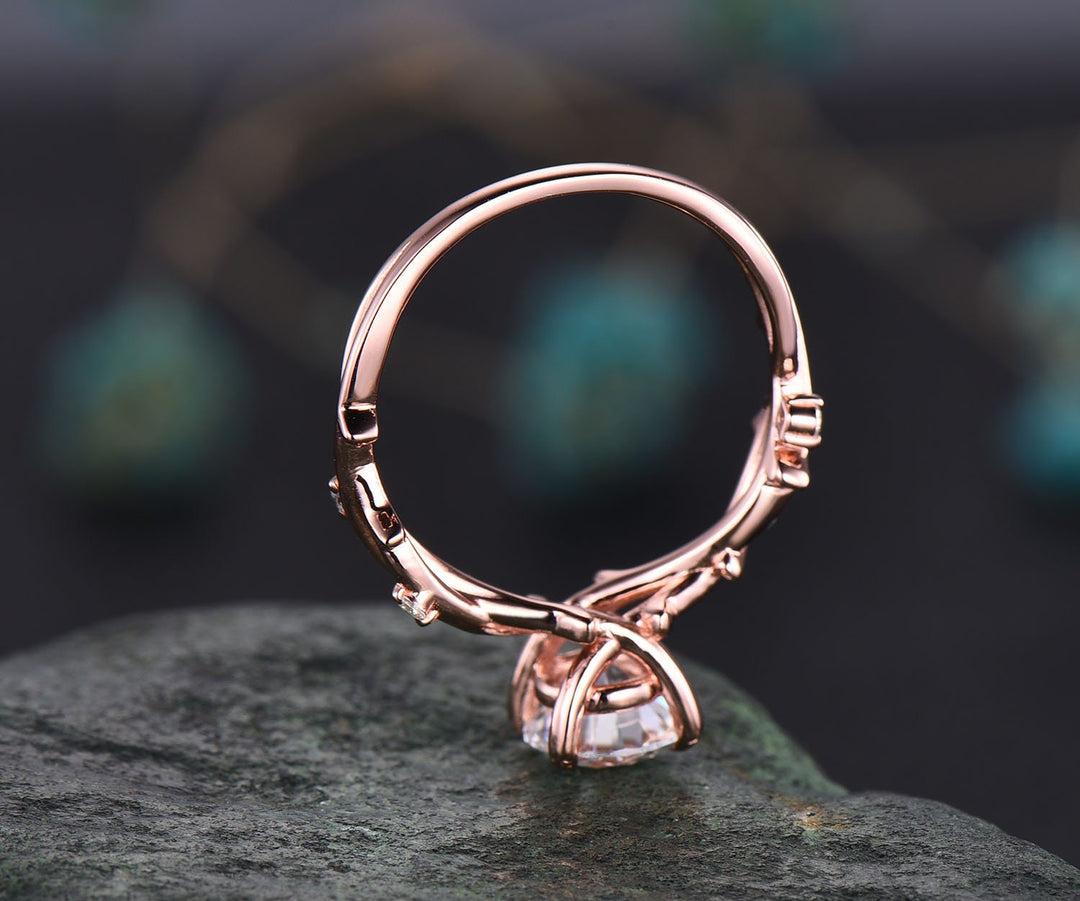 Vintage moissanite engagement ring art deco ring rose gold round cut ring twisted leaf diamond ring prong set antique anniversary ring gift