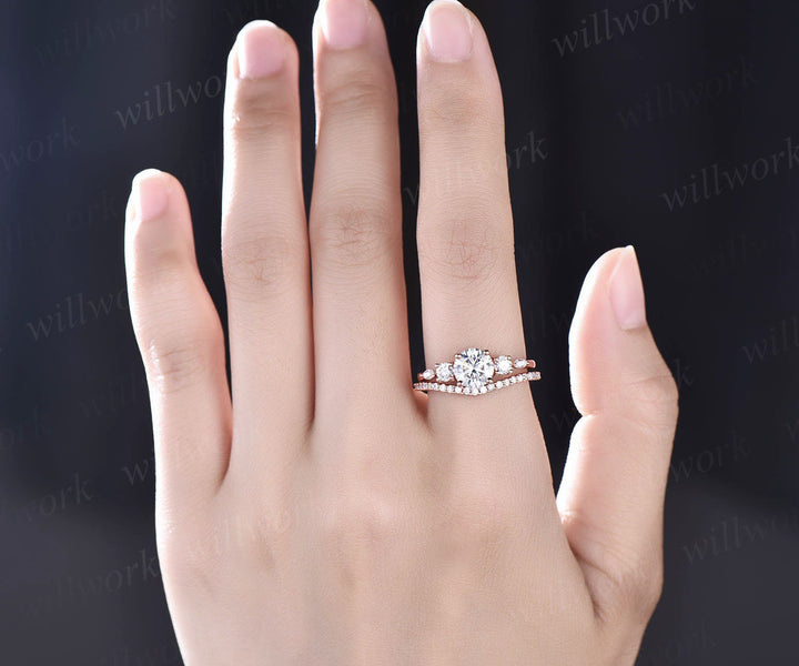Round cut moissanite engagement ring set art deco rose gold ring for women five stone half eternity moissanite ring set promise ring set